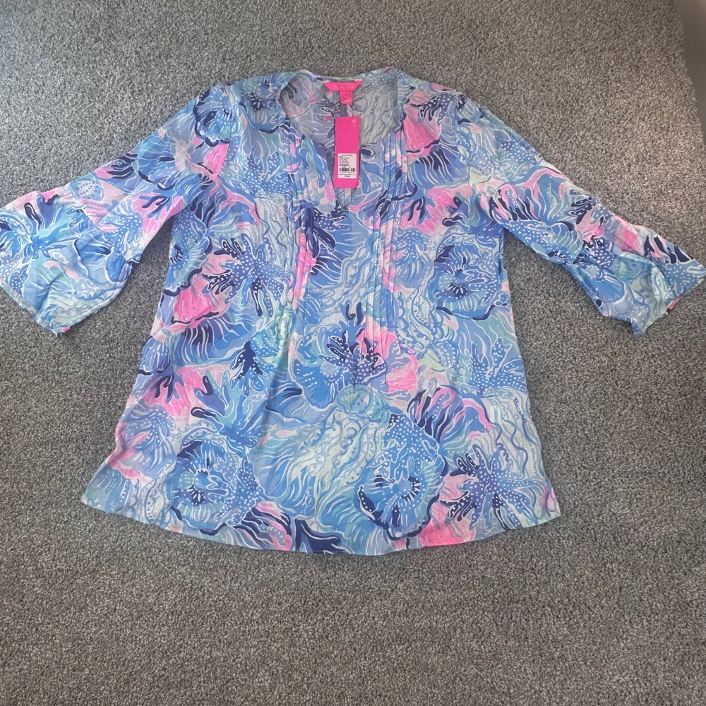 Lilly Pulitzer Hollie Linen Tunic Womens Medium Saltwater Blue Shade Seekers NEW